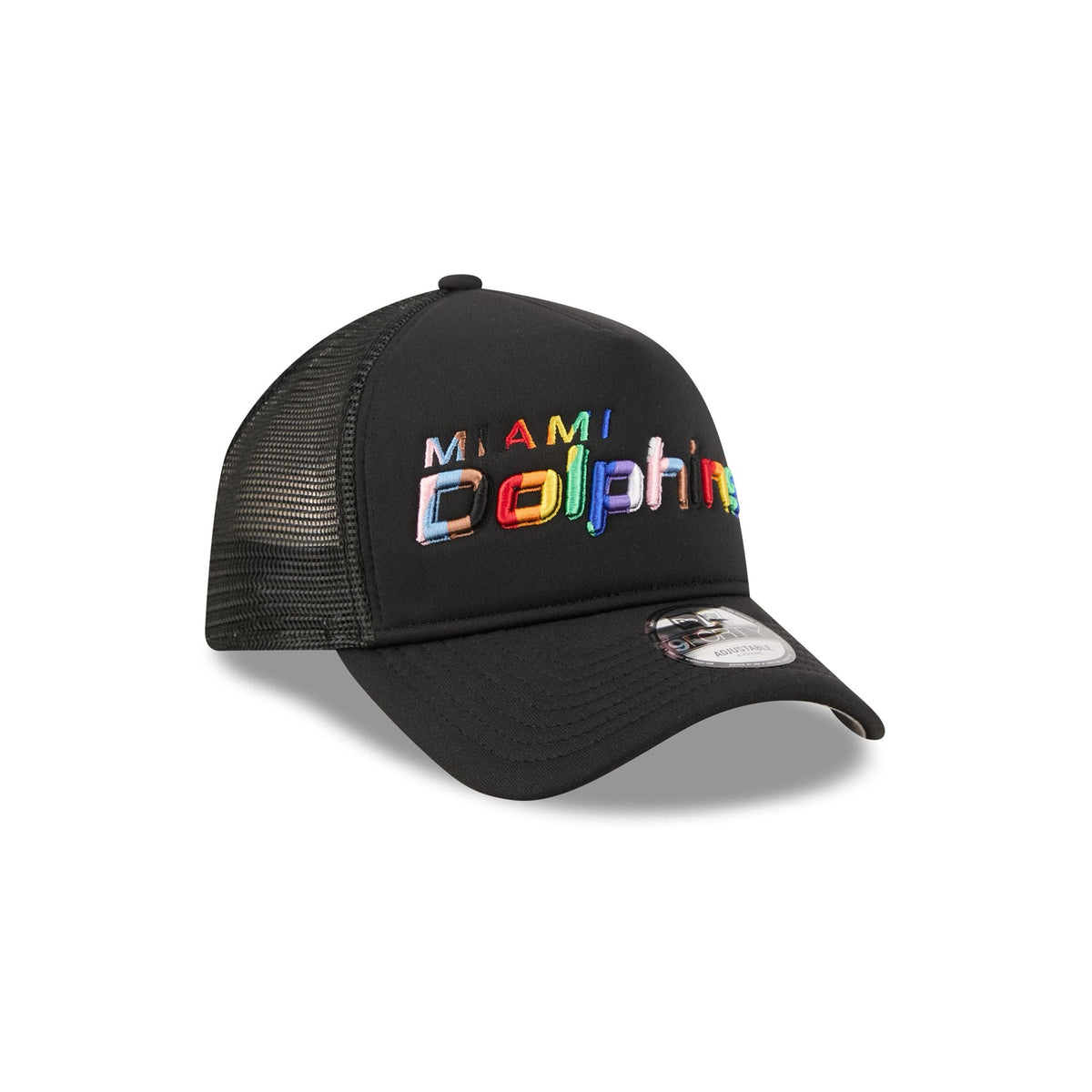 Miami Dolphins Rainbow Wordmark 9FORTY A-Frame Trucker Hat