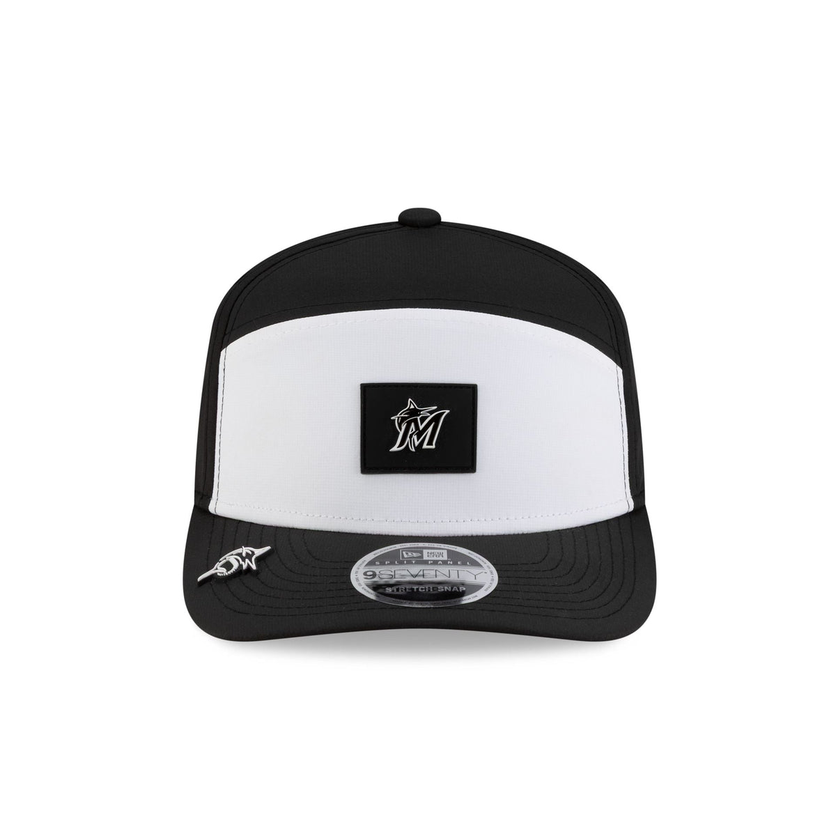 Miami Marlins 2026 Clubhouse Black & White Split Panel 9SEVENTY Stretch-Snap Hat