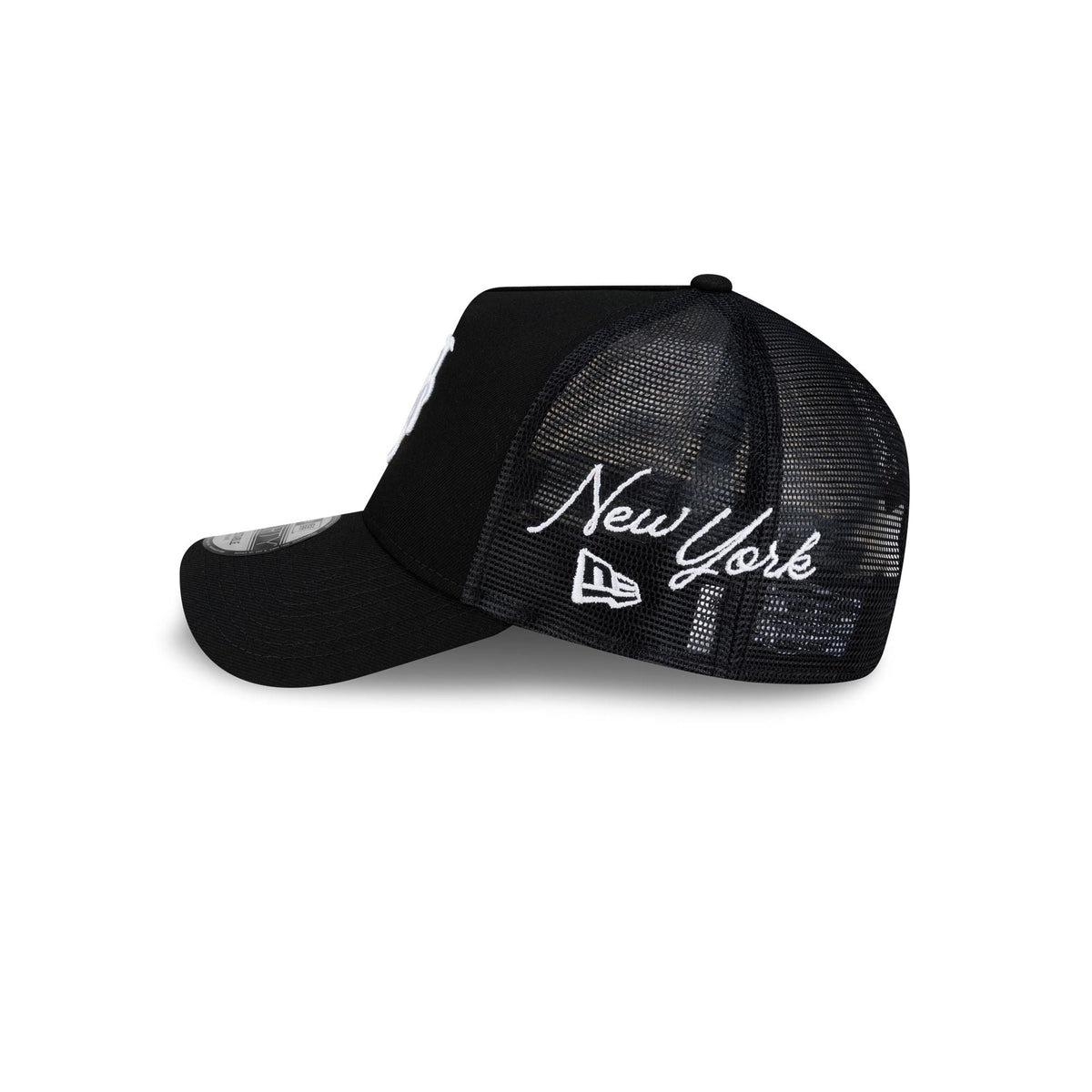 New York Mets Side Script Black 9FORTY A-Frame Trucker Hat