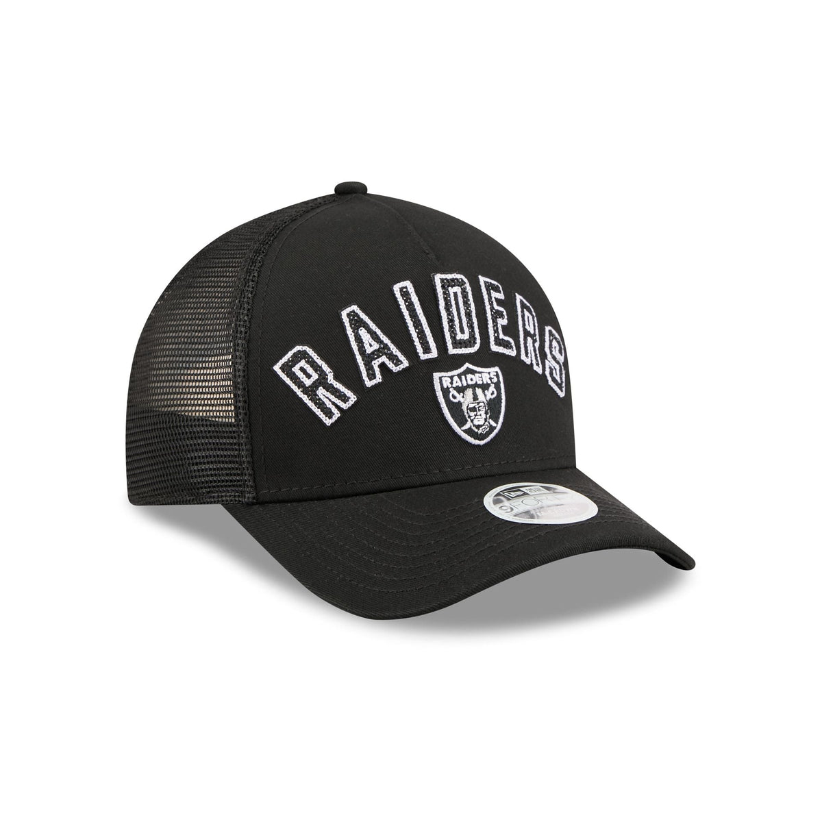 Las Vegas Raiders Sequin Wordmark Women's 9FORTY M-Crown A-Frame Trucker Hat
