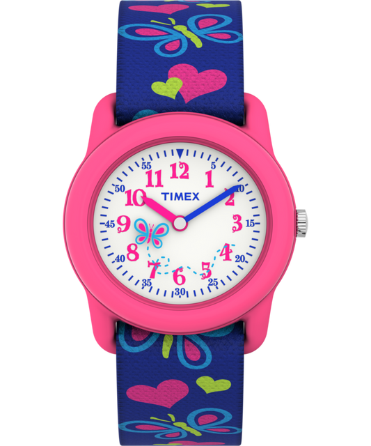 TIMEX TIME MACHINES® 29mm Butterflies and Hearts Blue Elastic Fabric Kids Watch