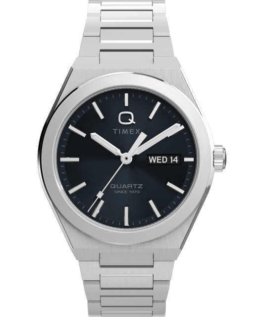 Q Timex® Continental Day and Date 39mm Stainless Steel Bracelet Watch