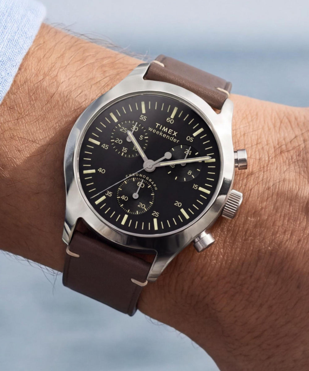 Timex Weekender® New England Chronograph 40mm Leather Strap Watch