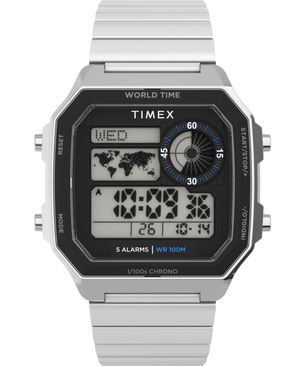 World Time Digital 40mm Stainless Steel Bracelet Watch
