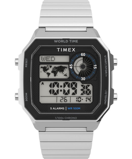 World Time Digital 40mm Stainless Steel Bracelet Watch