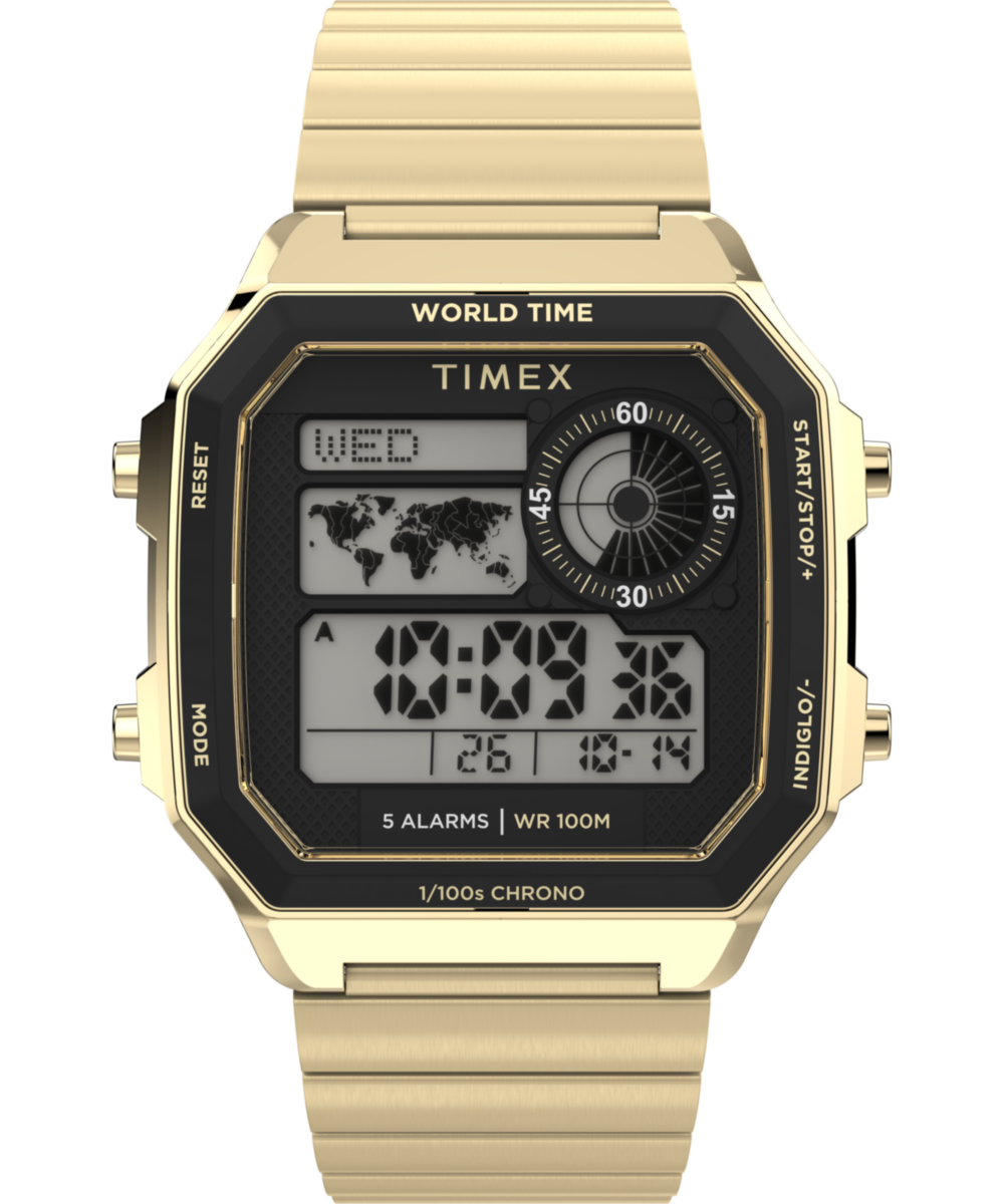 World Time Digital 40mm Stainless Steel Bracelet Watch